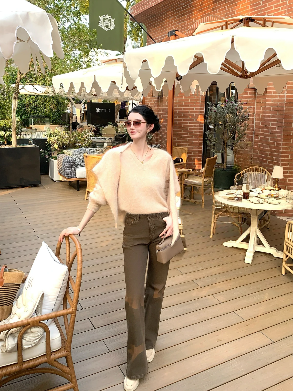 

Washed Denim High Waist Slimming Micro Flared Pants Women's Coffee Color Jeans Casual Style High Waist Slim Fit Polyester Fabric