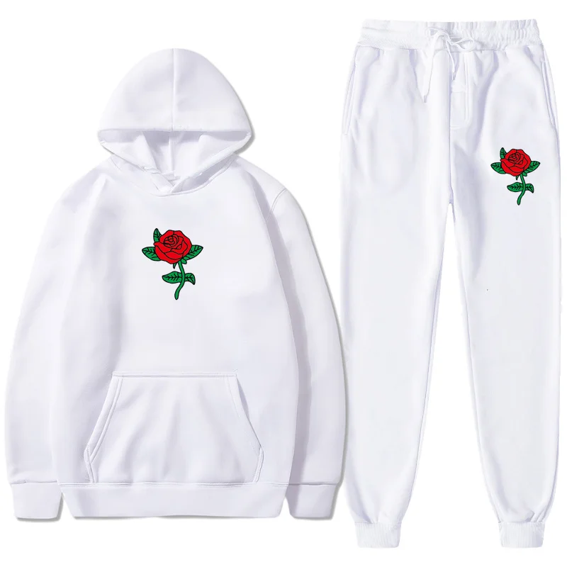 

2-piece Sets Hoodies Sweatpants Suits Rose Flower Print Tracksuit Men Women Sweatshirt Suit Fleece Pullover Hoodie Jogging Pants