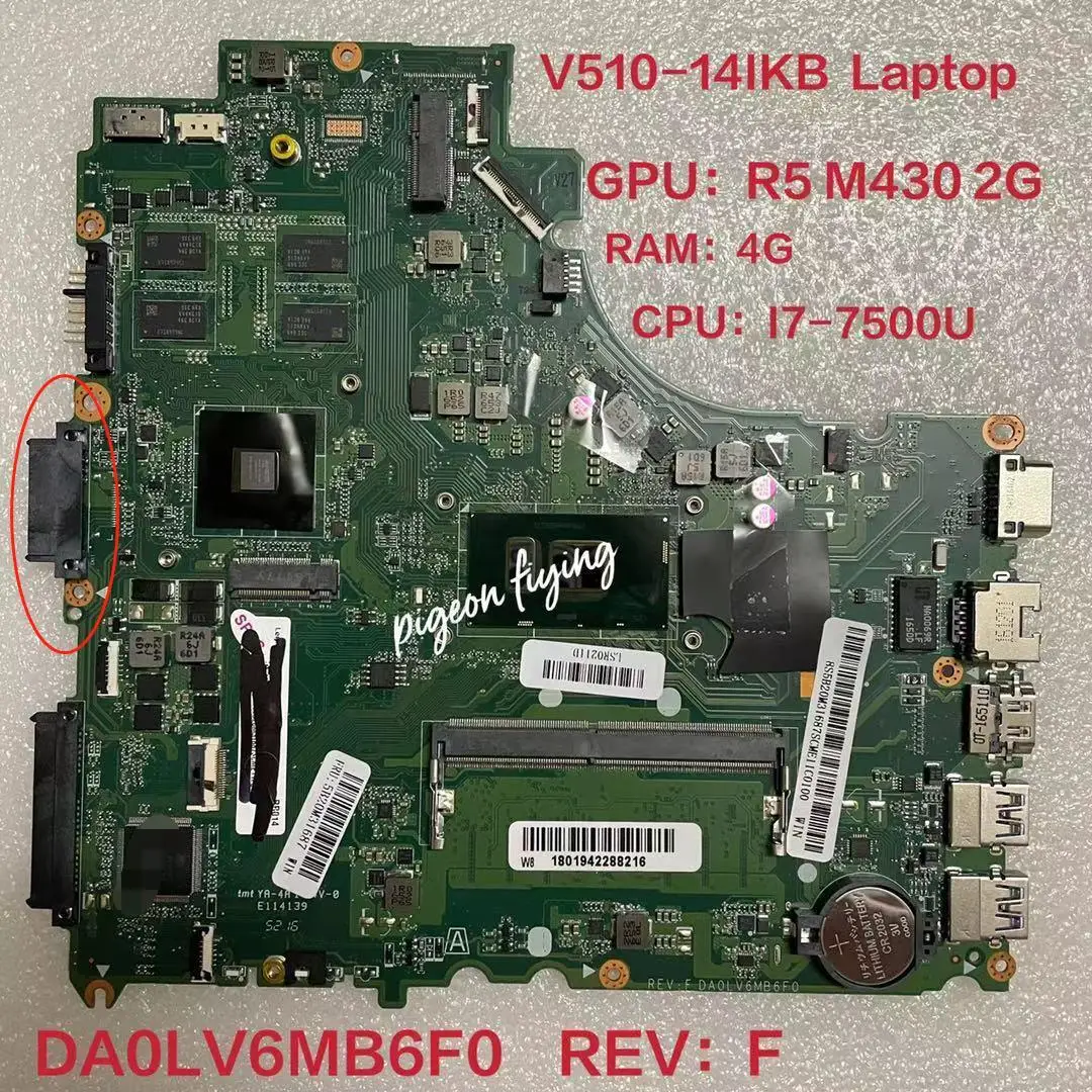 

Материнская плата DA0LV6MB6F0 для Lenovo E52-80 V310-14ISK V510-14IKB, материнская плата для ноутбука с процессором I7-7500U 4G RAM 100%, полностью протестирована