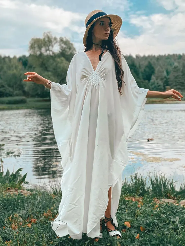 2023 Solid V-neck Batwing Sleeve Plus Size Kaftan Loose Maxi Dresses Women Summer Beachwear Bathing Robe Soft House Dress N1306