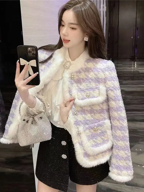 

Violet Plaid Lamb Fur Jacket Women's Short Style Autumn Winter Luxury Small Fragrance Wind Elegant Lady Cotton Coat