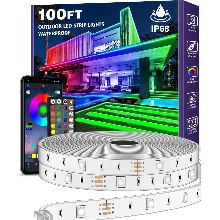 

100ft Outdoor LED Strip Lights WaterproofIP68 Outside Led Light Strips Waterproof with Bluetooth App Remote Control Music Sync