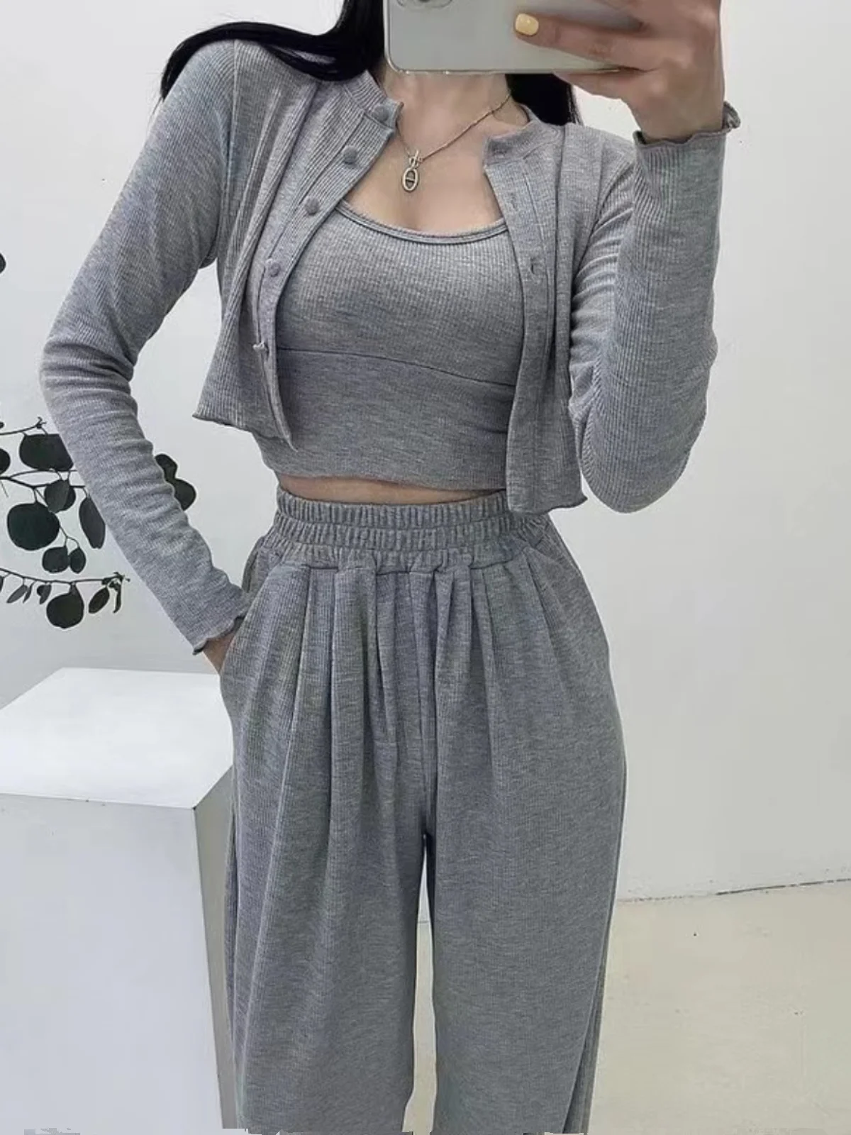 Canotta elastica Tead Or Sve e pantaloni a gamba dritta Set da donna Faion Spring Outfit Materiale in cotone Drapey Sle