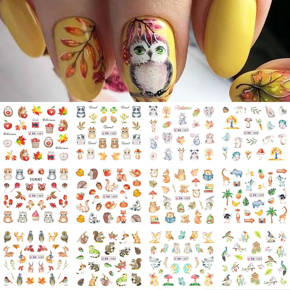 12Design Autunno Animale Nail Art Acqua Adesivo Cartoon Gufo Scoiattolo Volpe Riccio Trasferimento Slider Autunno Tema Frutta Manicure Decor