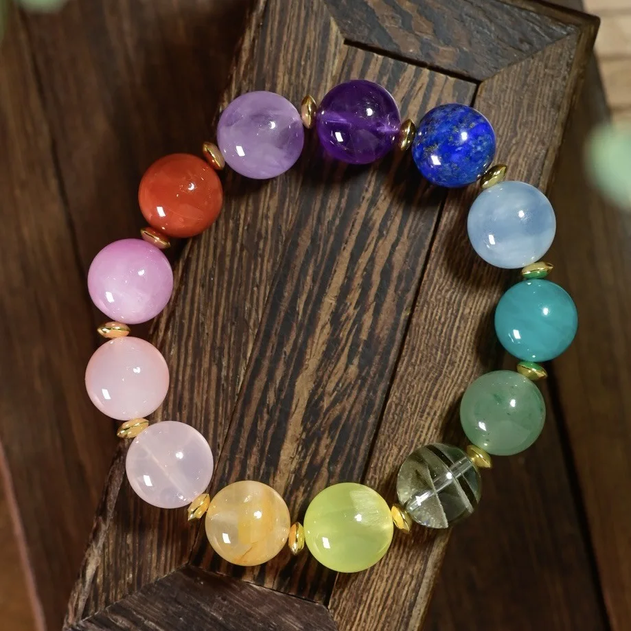 Natural Rainbow Crystal Bracelet, Kunzite Nanhong Amethyst Lapis Aquamarine Amazonite, Multi-Gemstone Jewelry Gift