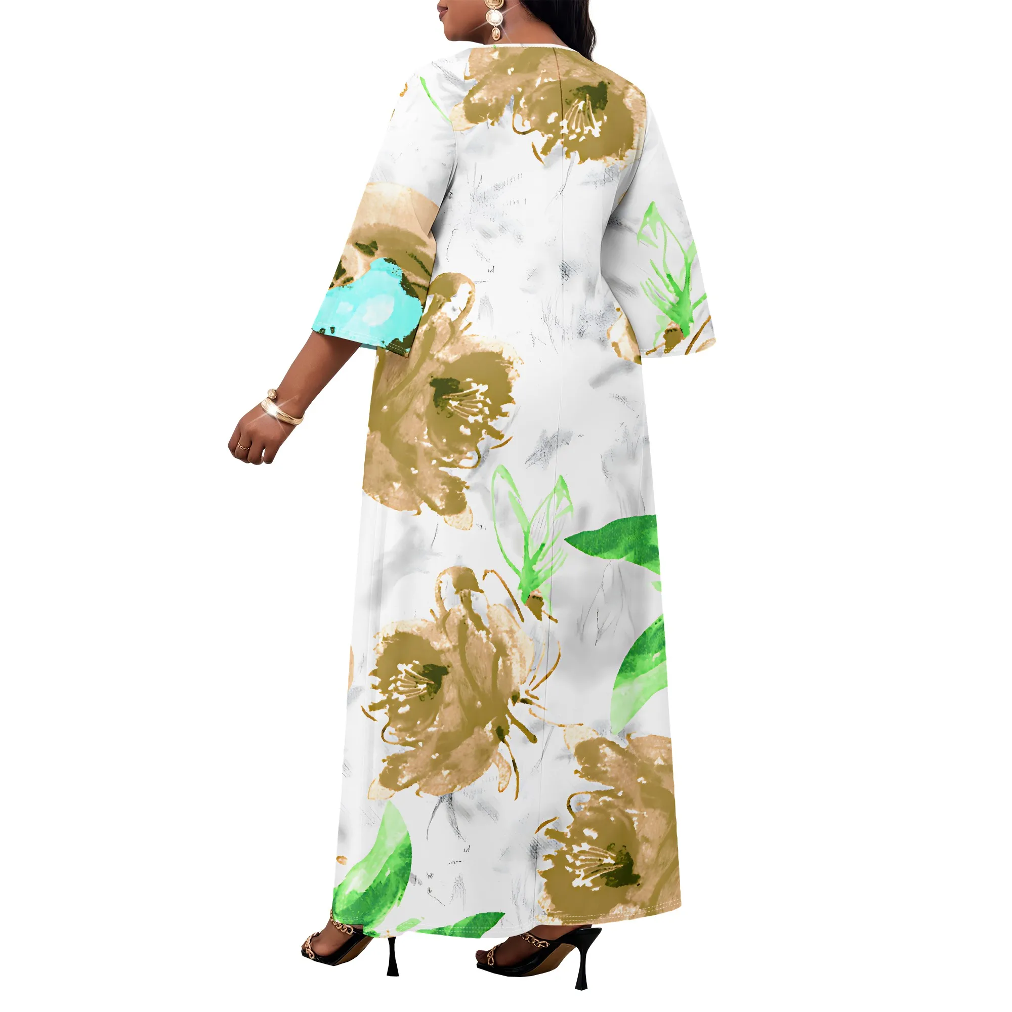 Damen-Kleid mit mittellangen Ärmeln in Übergröße, modisches bedrucktes kleines V-Ausschnitt, lässiges Heimkleid