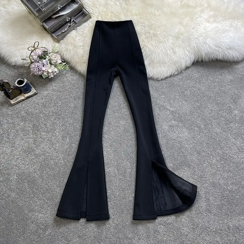 Новые модные брюки-клеш для женщин, облегающие черные брюки с высокой талией, простые утолщенные винтажные брюки с разрезом Femme TT478 Новые модные брюки-клеш для женщин, облегающие черные брюки с высокой талией, простые утолщенные винтажные брюки с разрезом Femme TT478