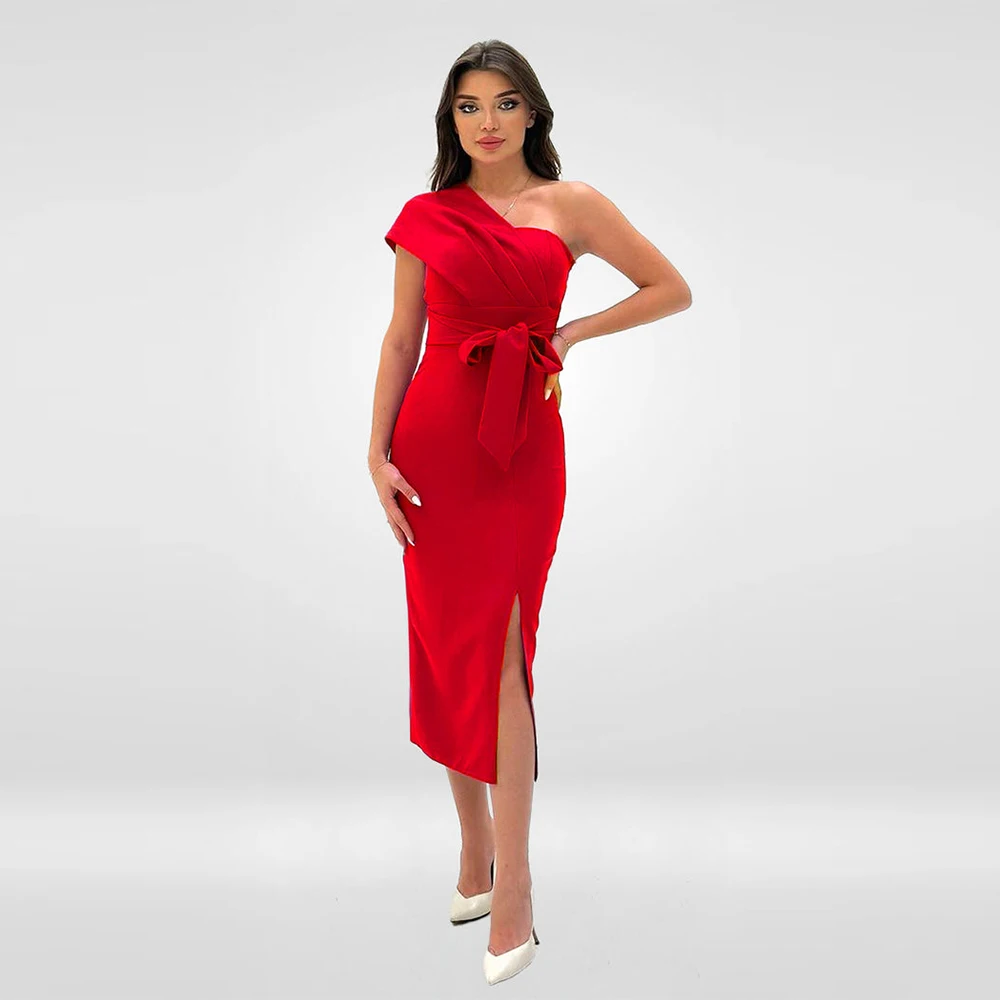 

Modern Women's Cocktail Party Gowns Jersey Tiered Bow Split Cocktail Party Column One-shoulder Bespoke Occasion Gown Long