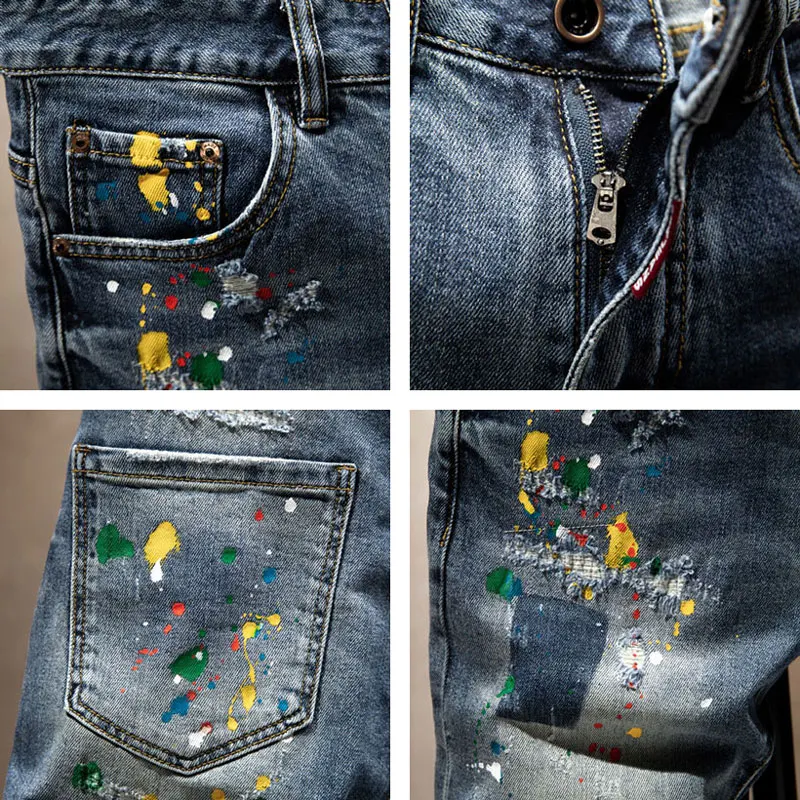 Jeans da uomo di moda firmati estivi Jeans corti strappati dipinti elasticizzati blu retrò da uomo Pantaloncini di jeans casual vintage Hip Hop Hombre