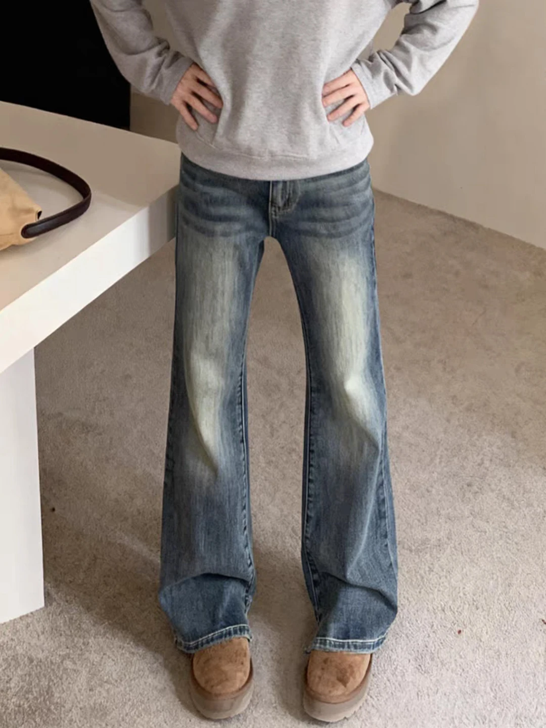

Retro American Blue Flared Jeans Men's Winter Thickened Fleece High Waist Extended Lengthened Straight Leg Pants