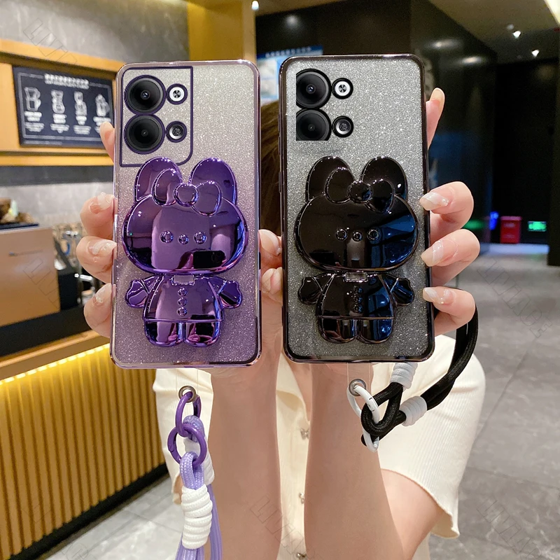 reno 7pro Gilitter Mirror Rabbit Wrist Strap Phone Case For Oppo Reno 10 9 7 8 6 Pro 4G 5G 8T 8 6Z 4 3 2 7SE 7pro 5k Stand Cover