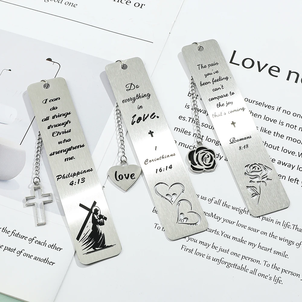 ไม้กางเขน กุหลาบ ที่คั่นหนังสือโลหะรูปหัวใจ ที่คั่นหนังสือสแตนเลสแบบโปร่ง สำหรับคนรักหนังสือ ของขวัญวันวาเลนไทน์