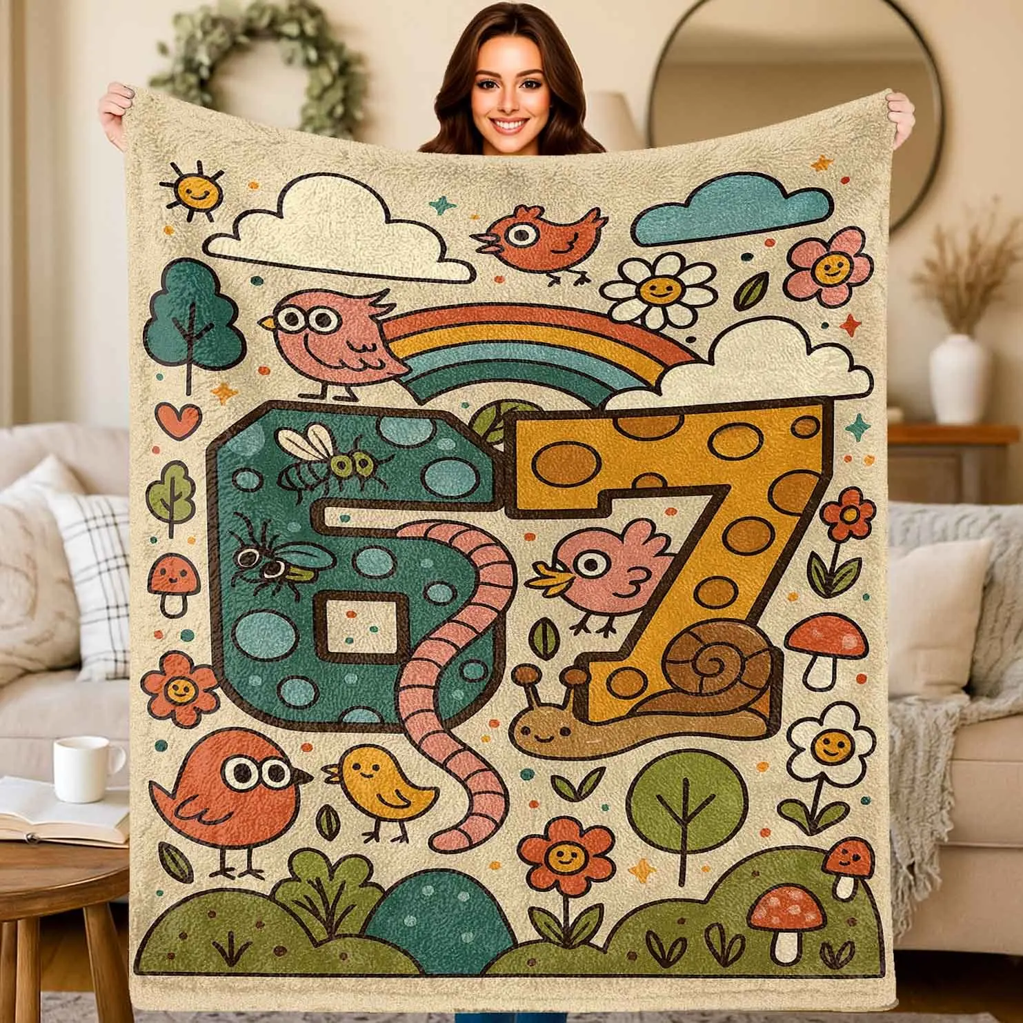 1pc Flannel Blanket, 67 Number Cartoon Style 2D Printed Throw, Camping Blanket Birthday/Holiday Gift, Multi-Use for Sofa/Bed/Cam