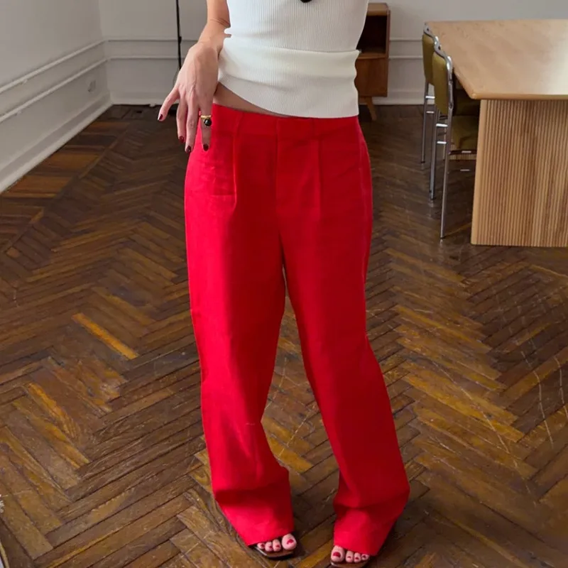 Women 2026 Spring Summer New Hot Selling Linen Wide Leg Pants High Waist Drape Casual Straight Leg Trousers Trendy Chic Daily