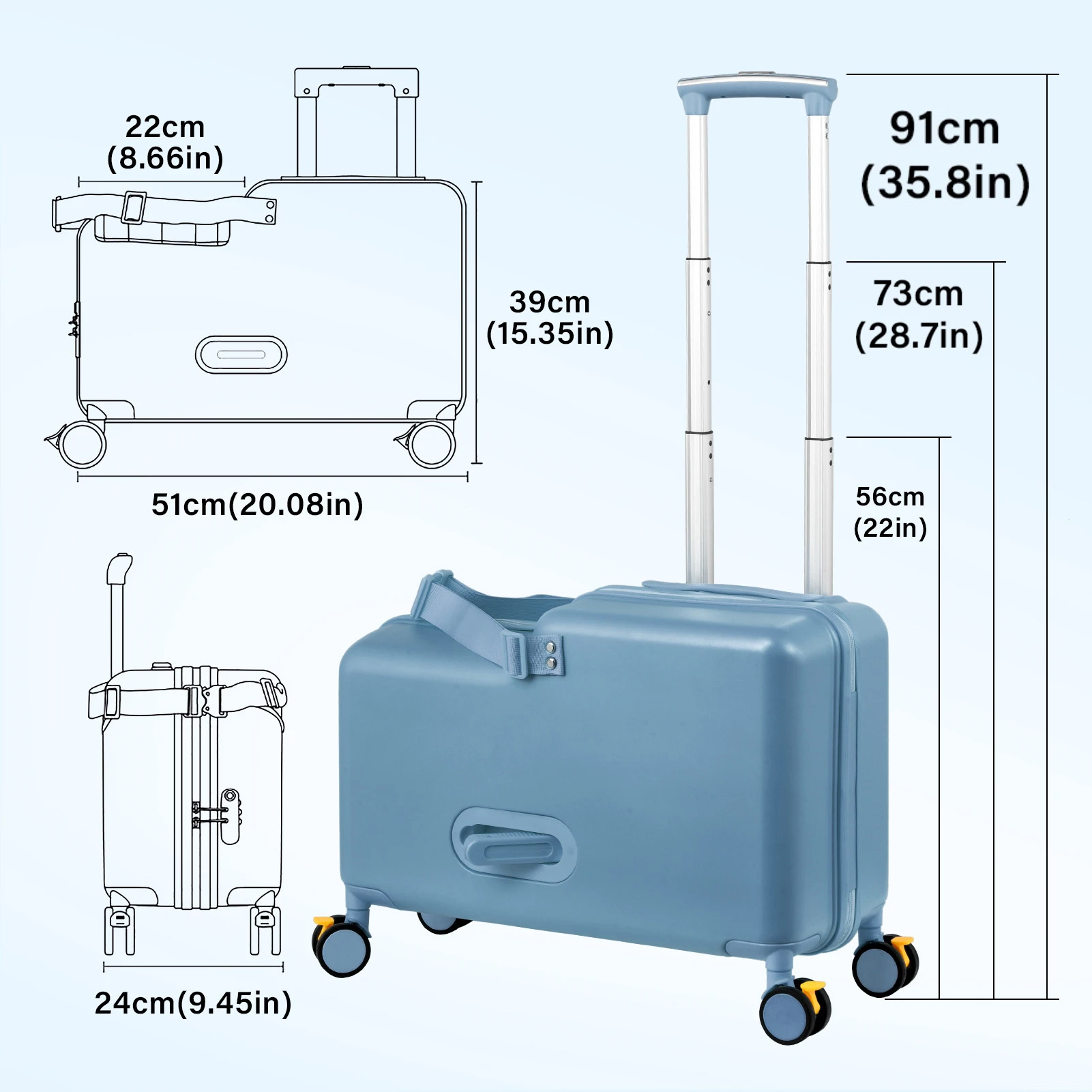 حقيبة سفر للأطفال مقاس 20 بوصة حقيبة سفر مع دواسة قدم وعجلات وعربة أطفال آمنة