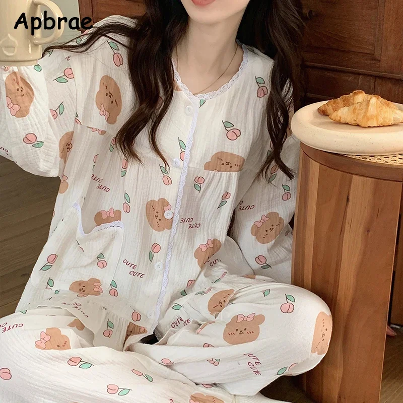 Apbrae Bubble Crepe Cotton Pajamas for Women Korean Style Homewear Kimono Pijamas Long Sleeves Loungewear Bear Print Sleepwear