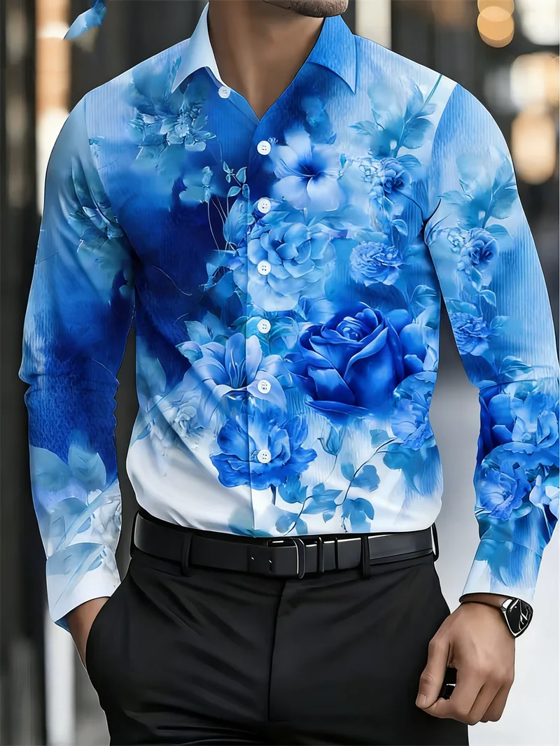 

New men's retro floral plant 3D printed casual shirt long sleeved lapel button multi-color fashionable shirt top
