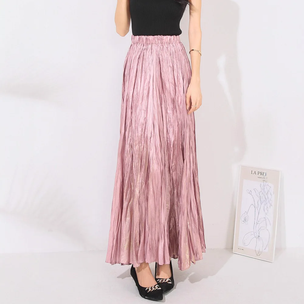 Miyake 2025 تنورة برونزية مطوية للنساء عالية الخصر رقيقة يتأرجح تنورة طويلة مطوي مرونة الخصر يتأرجح مظلة تنورة