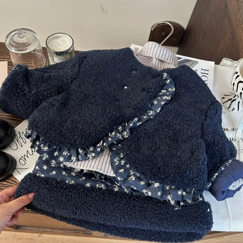 

2025 Winter Infant Baby Girls Two Piece Set Thick Warm Kids Girl Woolen Jacket+Floral Patterns Elastic Waist Toddler Girls Skirt