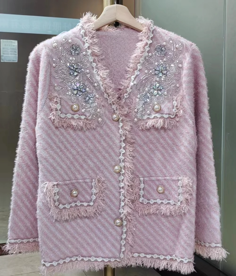 Cappotto cardigan in pelliccia sintetica con diamanti in cristallo stile lusso per donna Giacca lavorata a maglia con maglione caldo autunno inverno