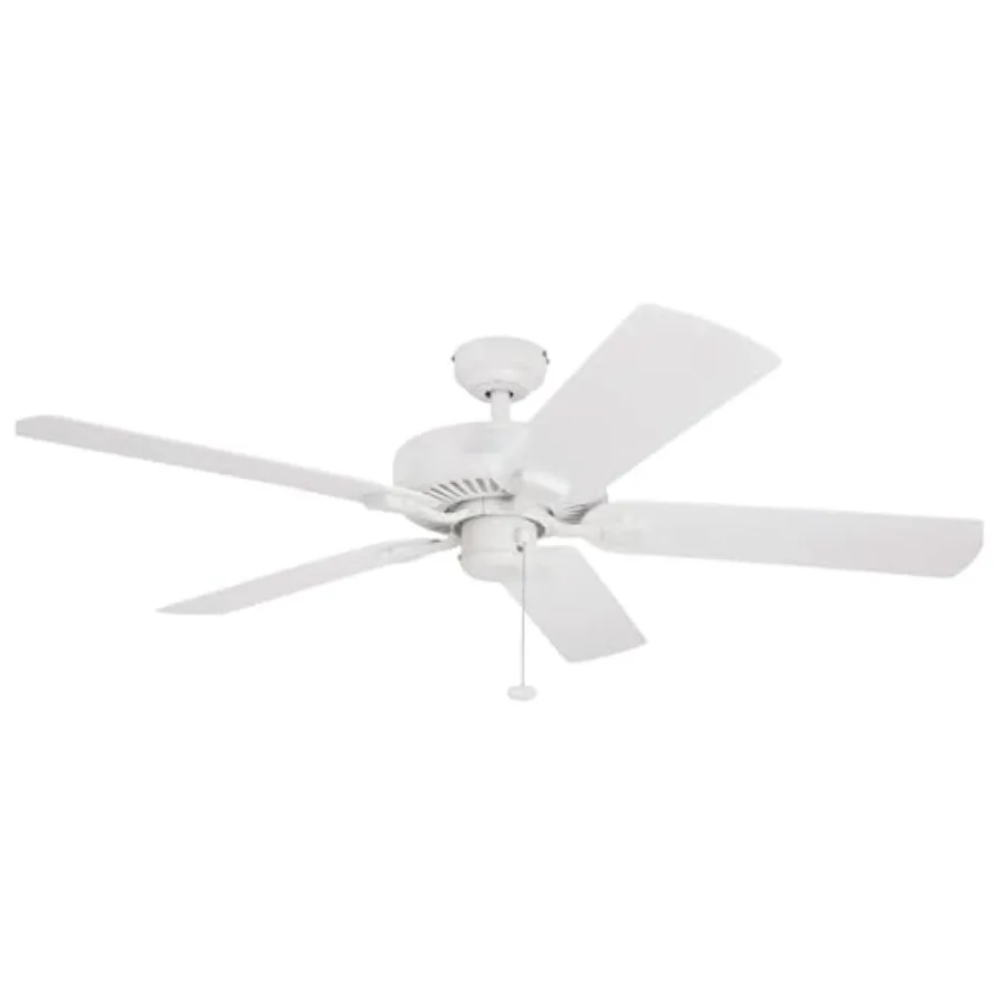 

Outdoor ceiling fan for patios and porches, ABS plastic blades, white finish, tri-mount adjustable installation with pull chain