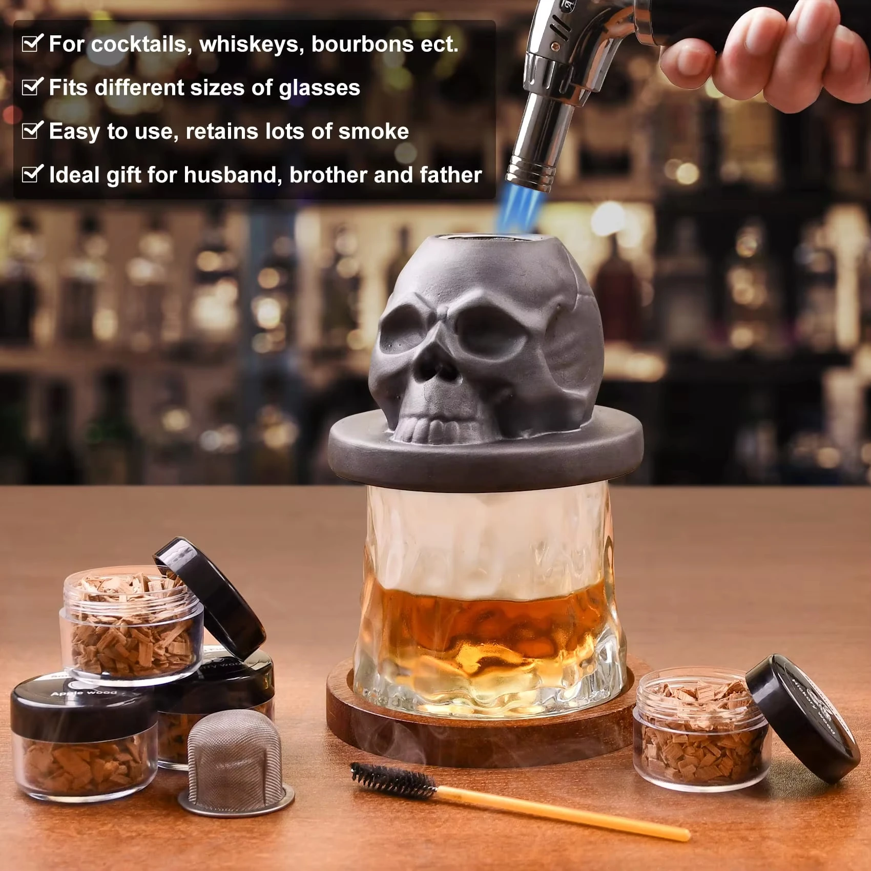 Skull Cocktail Smoker Kit with Wood Chips Ceramic Infuser for Whiskey Bourbon Cocktails & Drinks Unique Home Bar Tool for Men