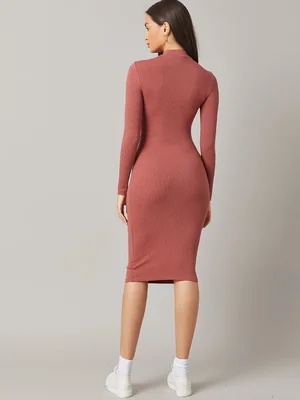 Women's Dusty Rose Ribbed Bodycon Midi Dress, High Neck Long Sleeve Casual Dress, Streetwear - view 2