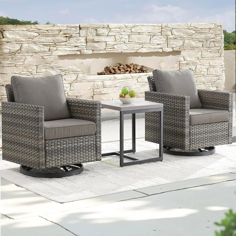 

3-Piece Wicker Bistro Swivel Rocking Chair Set with Cushions, Metal Frame, and Side Table in Mixed Grey