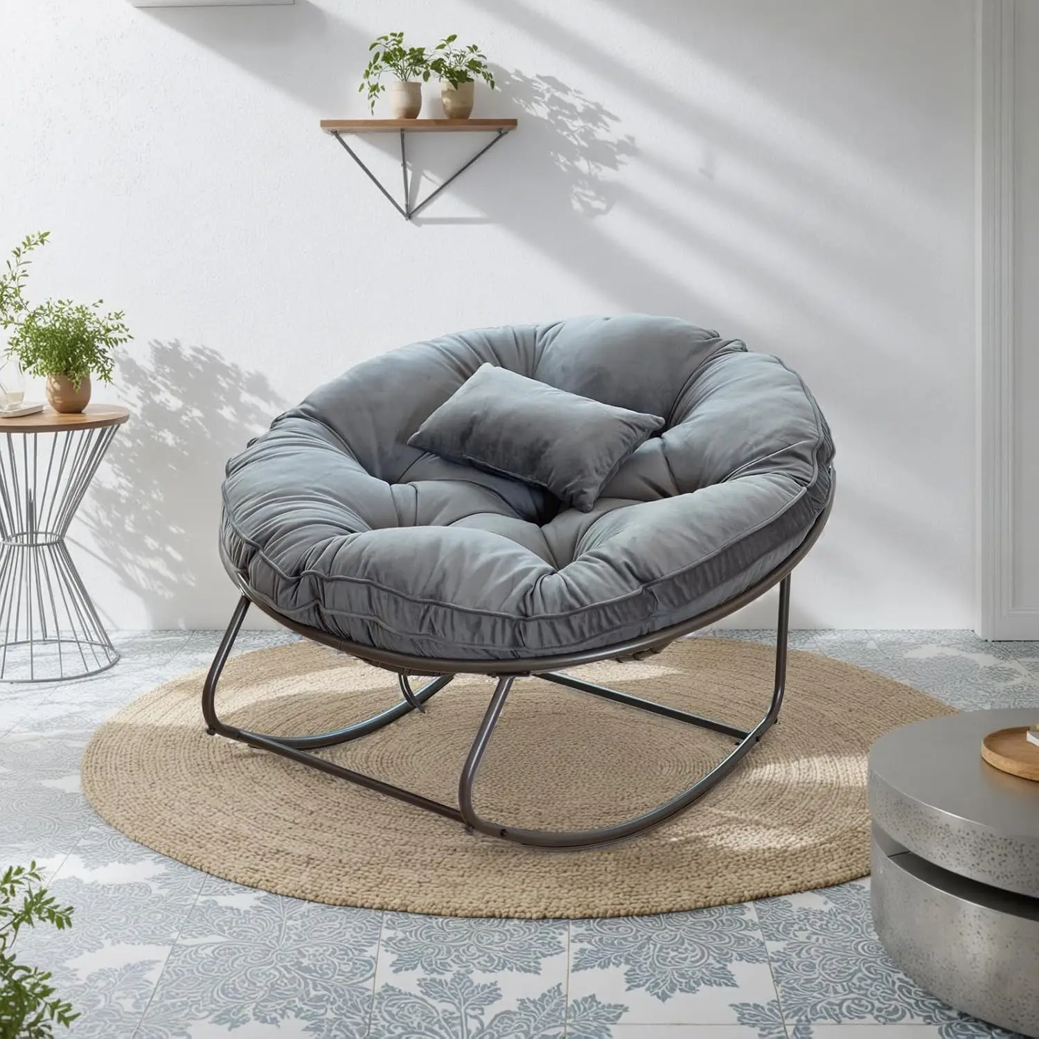 Outdoor Patio Egg Rocking Chair, Indoor Papasan Royal Chair with Thickened Cushion for Bedroom Living Room Garden, Dark Grey