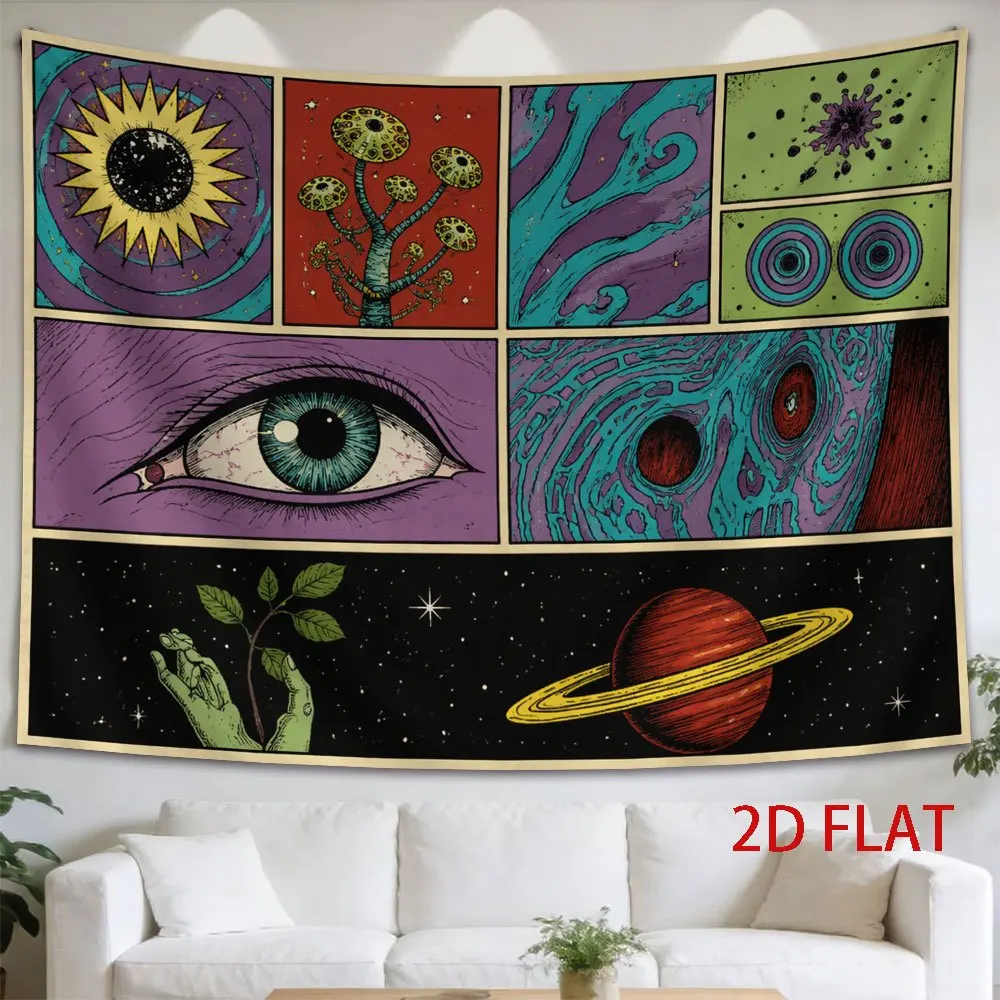 Tapiz de pared con motivos bohemios, psicodélicos y de ojo cósmico, con diseño de mandala, galaxia, motivos celestiales y elementos espirituales. Decoración bohemia. Impresión en poliéster.