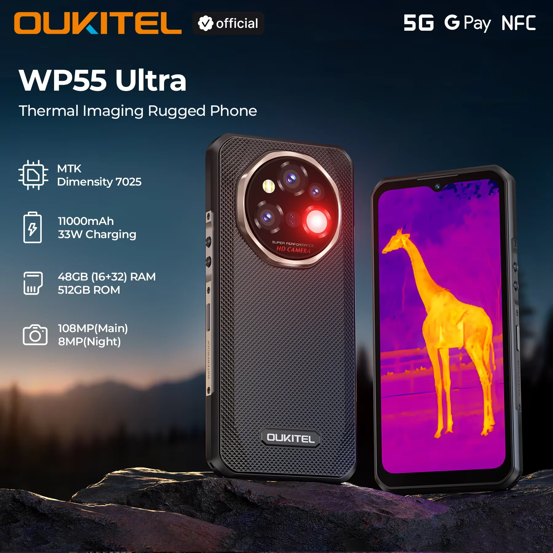 【New】OUKITEL WP55 Ultra Rugged Phone - Thermal Imaging 5G Smartphone, MTK 7025, 48+512GB, 11000mAh, 108MP, 6.6