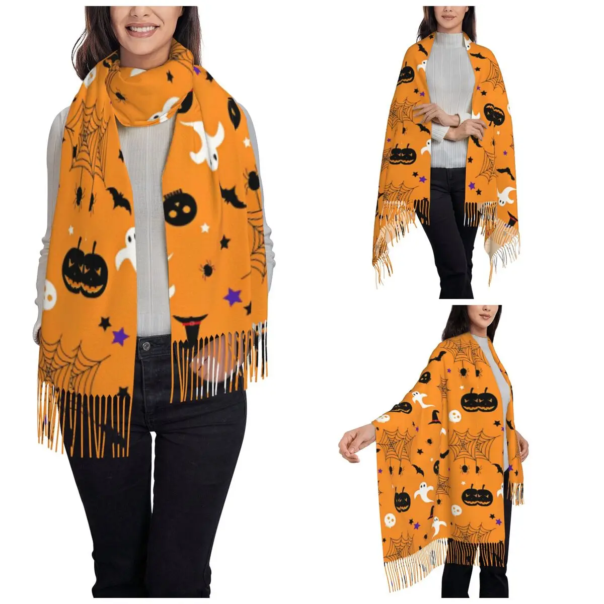 Womens Tassel Scarf Halloween Pumpkins Ghosts Large Winter Fall Shawl Wrap Trick or Treat Kawaii Daily Wear Pashmina Scarves