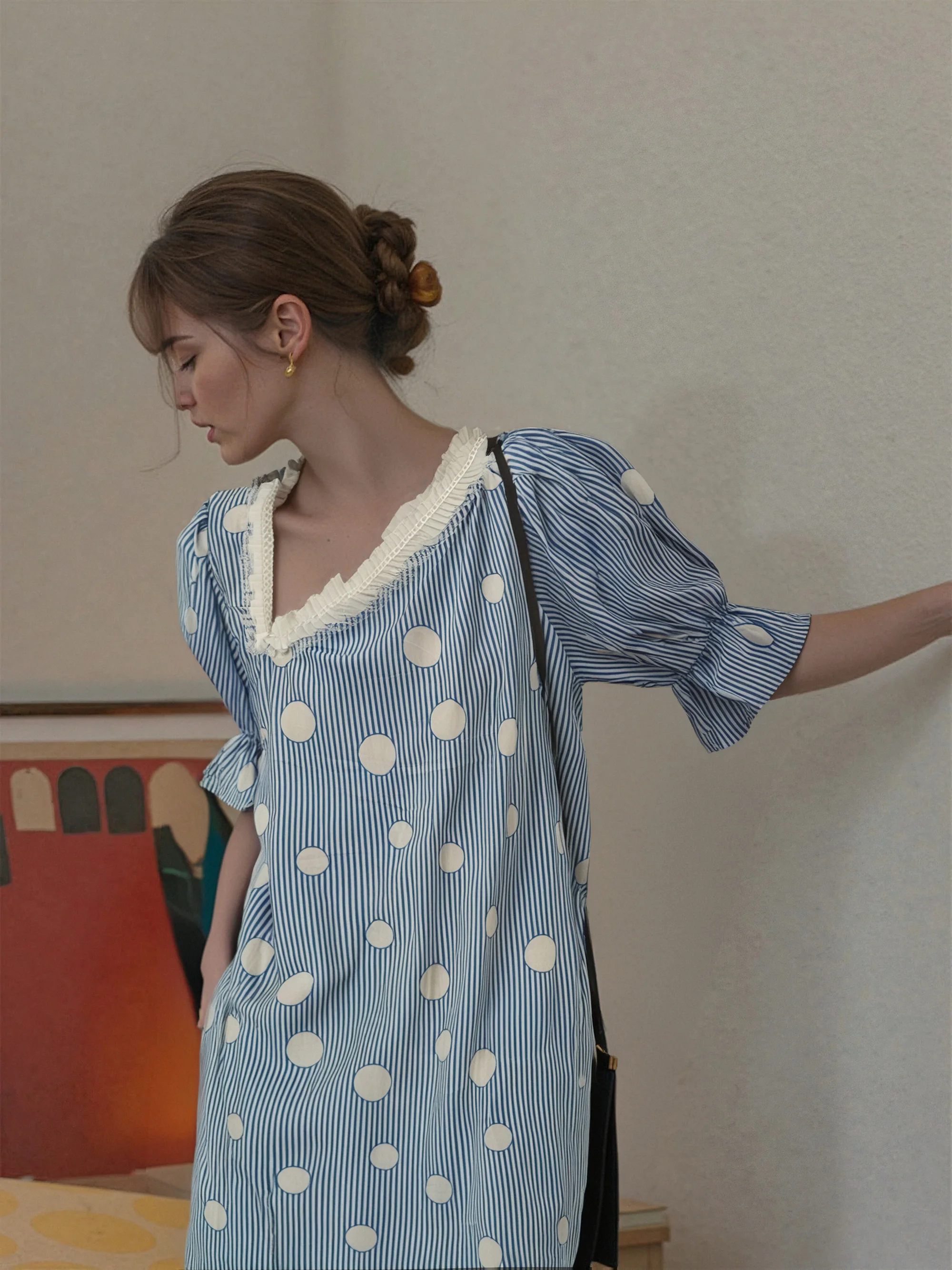 

LASS LIZ Original op Summer 2025 New Fre Blue Scissors Collar Loose Polka Dot Dr Bubble Sve A-Line Midi Dr