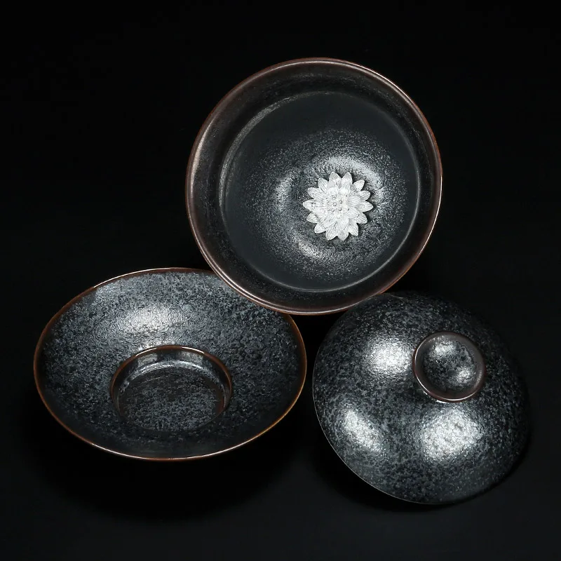 Jiazhan Kiln, Li Jiadun, Tianmu Bowl, Large Set, Tea Cup, Ceramic Inlaid Silver, Three Talents Cover Bowl