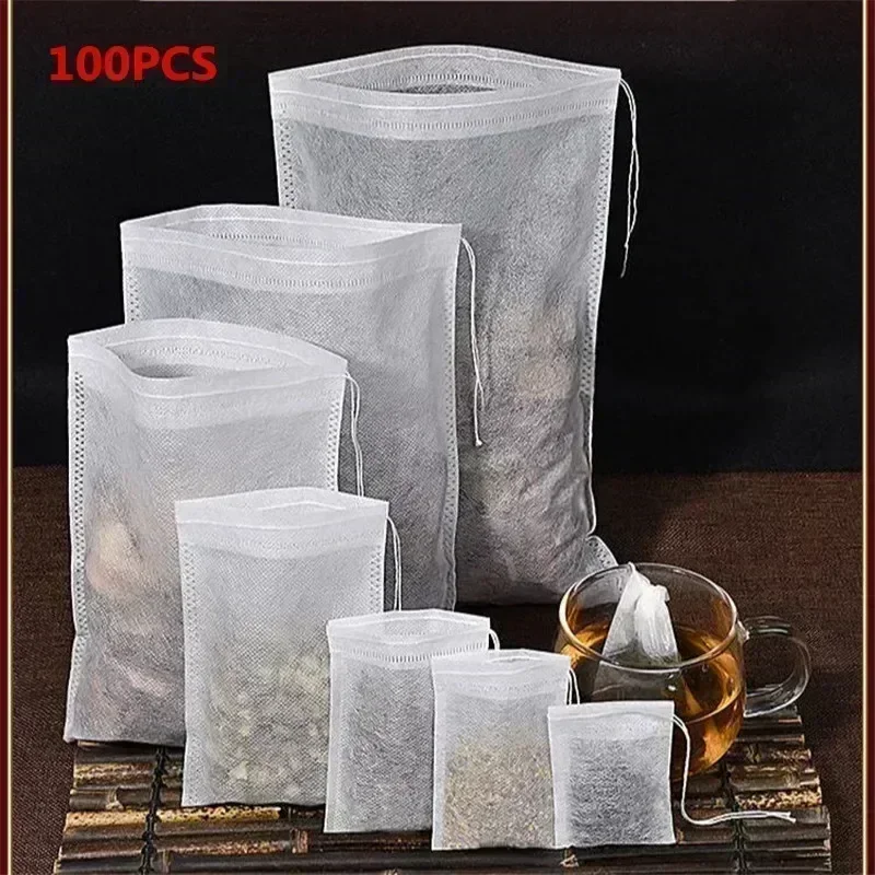 100/200pcs Disposable Tea Filter Bags Non-woven Fabric Teabags with Drawstring Kitchen Filter Paper for Coffee Herb Loose Tea