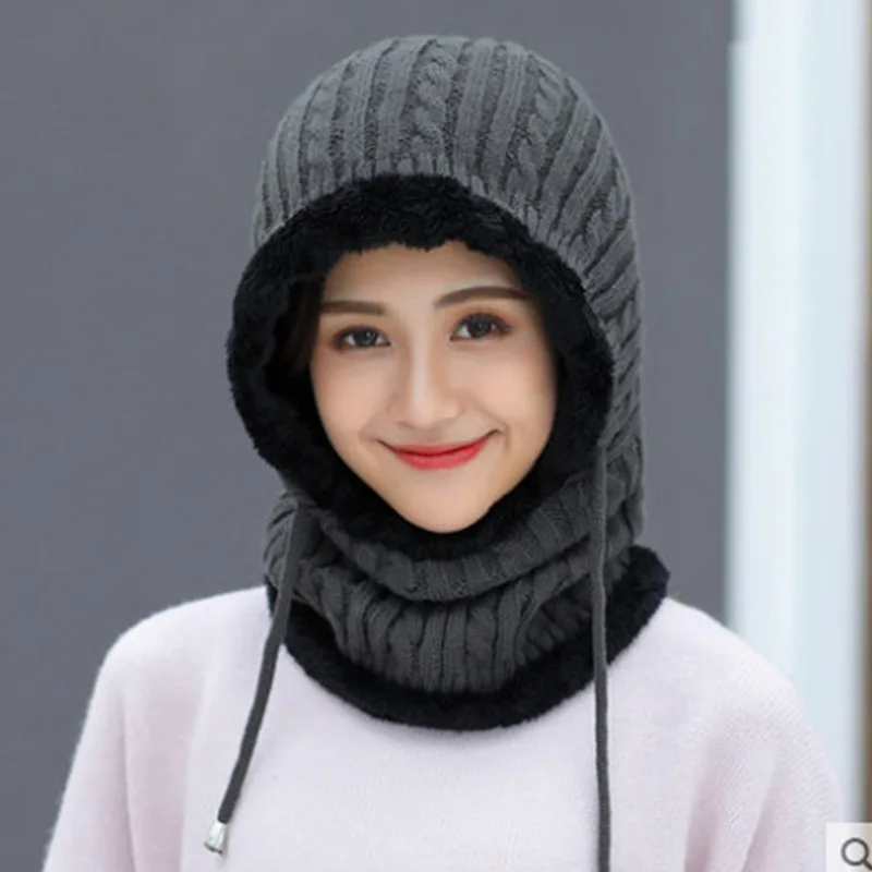 2022 Hijab Cap Women\'s Dense Hat Women Knitted Cap Mask Set Hooded for Winter Warm Russia Outdoor Ski Windproof Hat Beanies