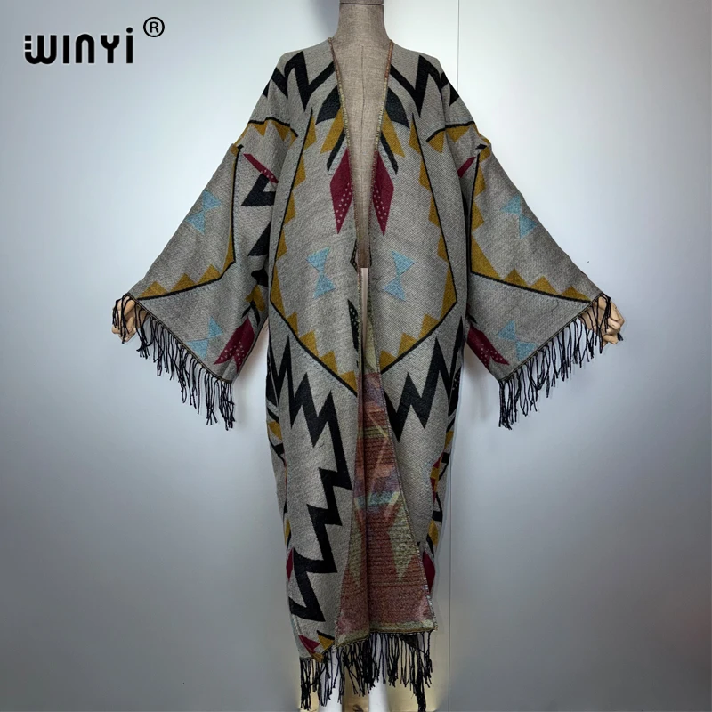 WINYI Herfst Vrouwen kwastje kimono print Lange Jas Losse vest femme Dikke Warme winter open voorkant kaftan abaya dubai luxe