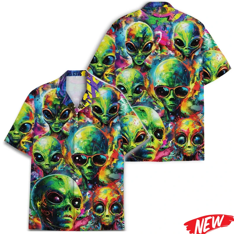 

Новая дизайнерская гавайская рубашка с принтом инопланетян, летняя, 2026 года, для отпуска, пляжная, на пуговицах, с коротким рукавом, уличная, повседневная, оверсайз, с отложным воротником, мужская