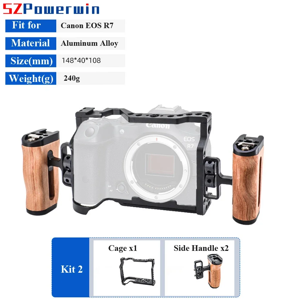 Powerwin Camera Cage For Canon EOS R7 with wooden Handgrid Handle Kit Aluminum Alloy Multifunctional Arri Locating Screw