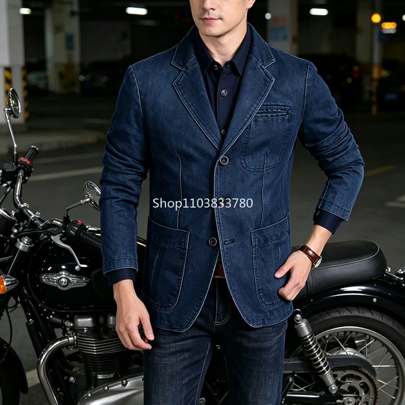 Men's Motorcycle Denim Jacket Autumn Hight Street Outdoor Jacket Male Sports Blazer Worker Turn Down Collar Jean Coat Outerwear