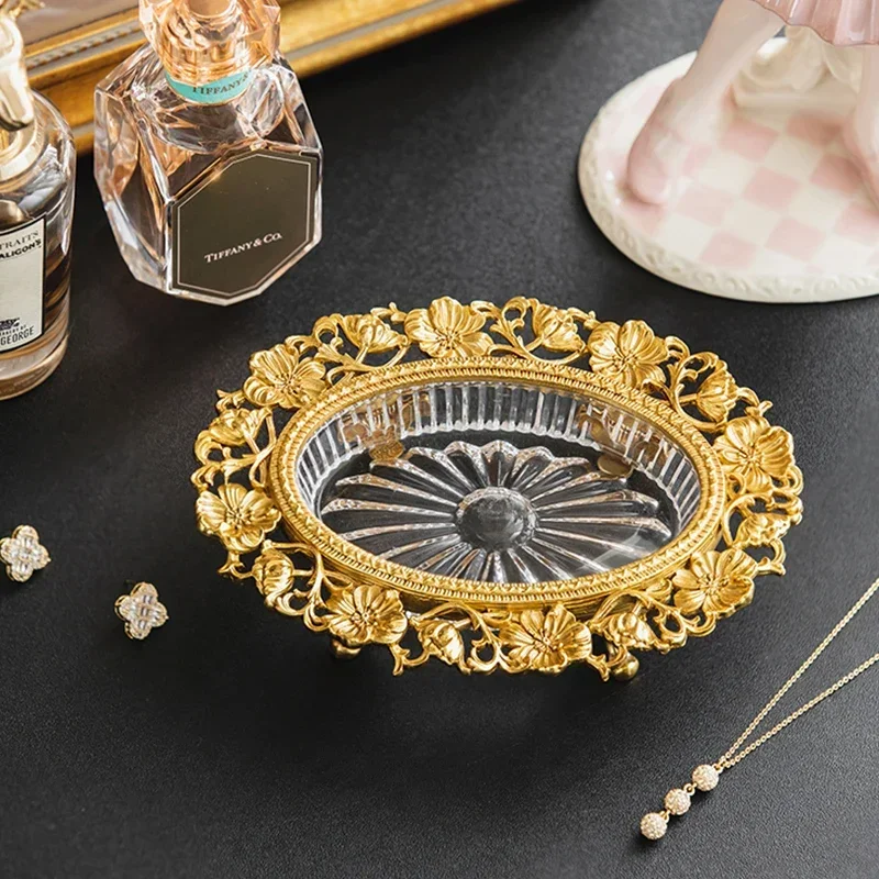 Light Luxury Brass Glass Trays French Palace Carving Earrings Jewelry Storage Tray Home Entrance Organization Decorative Tray