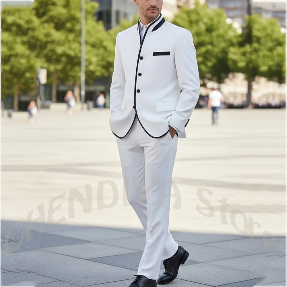 

Men's Suits 2 Piece Stand Collar Black Edge Trim Single Breasted Tuxedo Slim Fit Formal Prom Party Dinner Gentlemen Outfit Set
