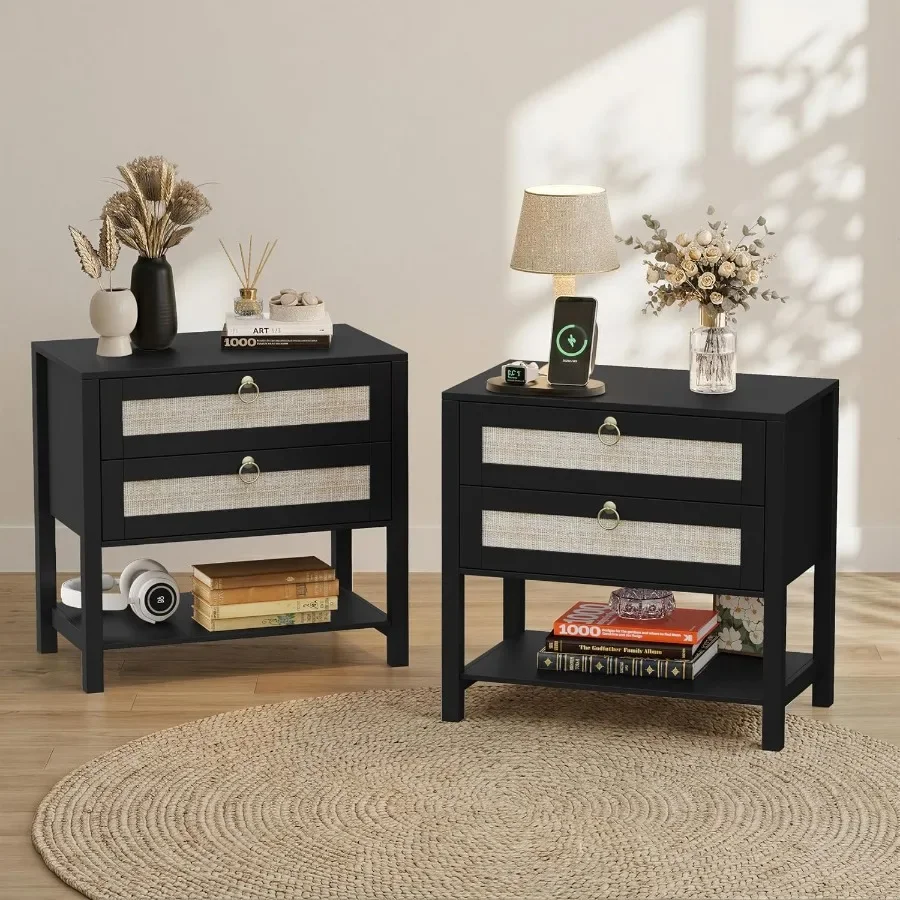 Nightstand Set of 2, Wide Night Stand Bedside Table, Rattan Boho Decor Drawer and Open Shelf, Wooden End Table for Bedroom