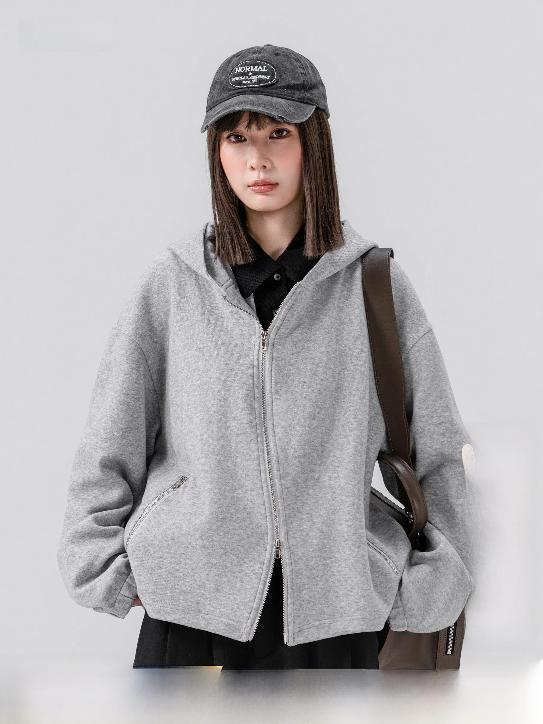 Unisex Grey Air Layer Hooded Open Cardigan Sweatshirt Loose Fit Double Zipper Casual Outerwear for Couples Autumn Wear