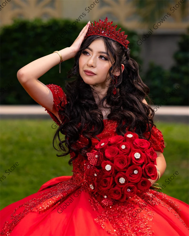 Red Off Shoulder Sequin Quinceanera Dresses Bead Appliques 2025 Birthday Luxury Dress Bow Princess Gown Sweet 16 Customized