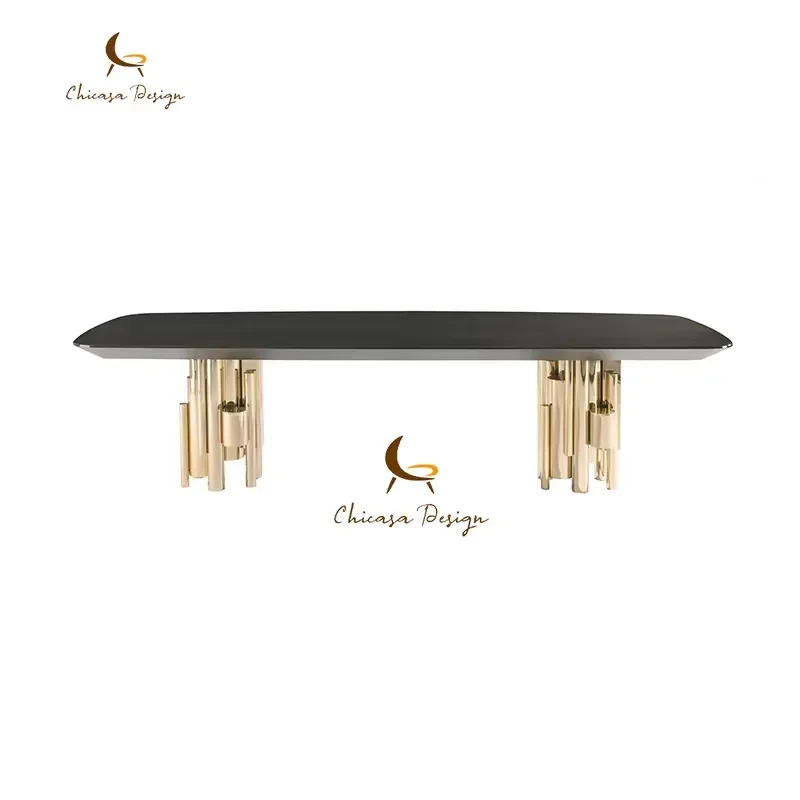 Contemporary Dining Table Golden Stainless Steel Base Rectangular Wooden Top for High-End Restaurants