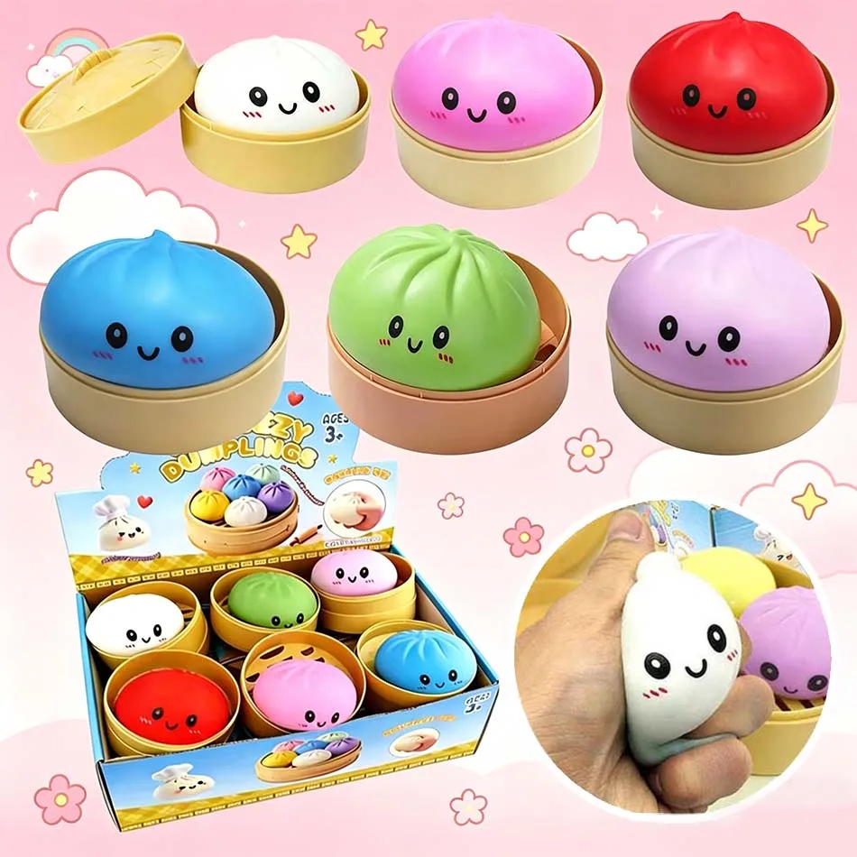2026 Hot Colorful Dumpling Squishy Stress Relief Balls with Steamer Reusable Rebound Squeeze Reliever Toys Home Office Gifts