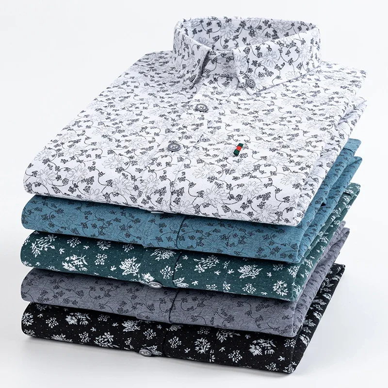Fashion Korean 100% Cotton Casual Long-Sleeve Shirts for Men Slim Fit Plain Tops Print Designer Vintage Elegant Clothes Streetwe
