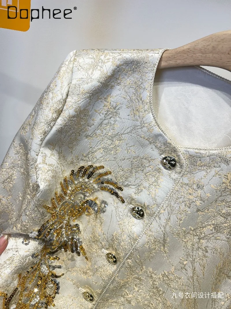 New Chinese Style Heavy Embroidery Beaded Light Luxury Coat for Women Fashionable Ostrich Feather Versatile Loose Coat Autumn