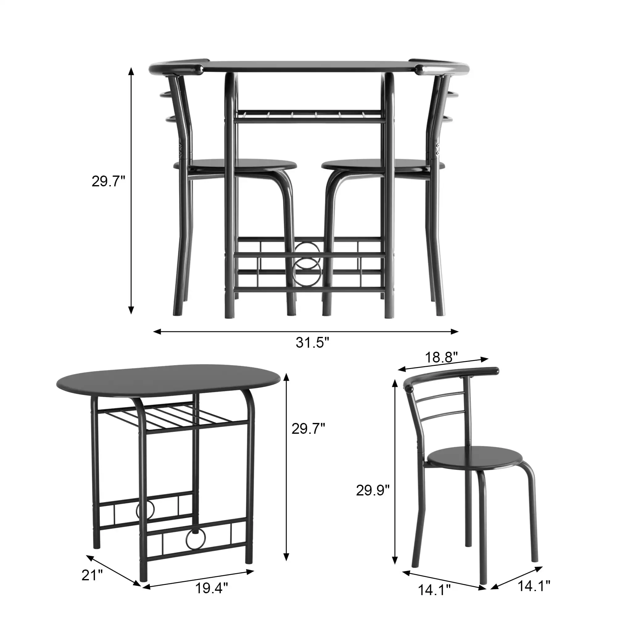 3-delige eetset voor 2 kleine keukenontbijttafelset Ruimtebesparende houten stoelen en tafelset, zwart